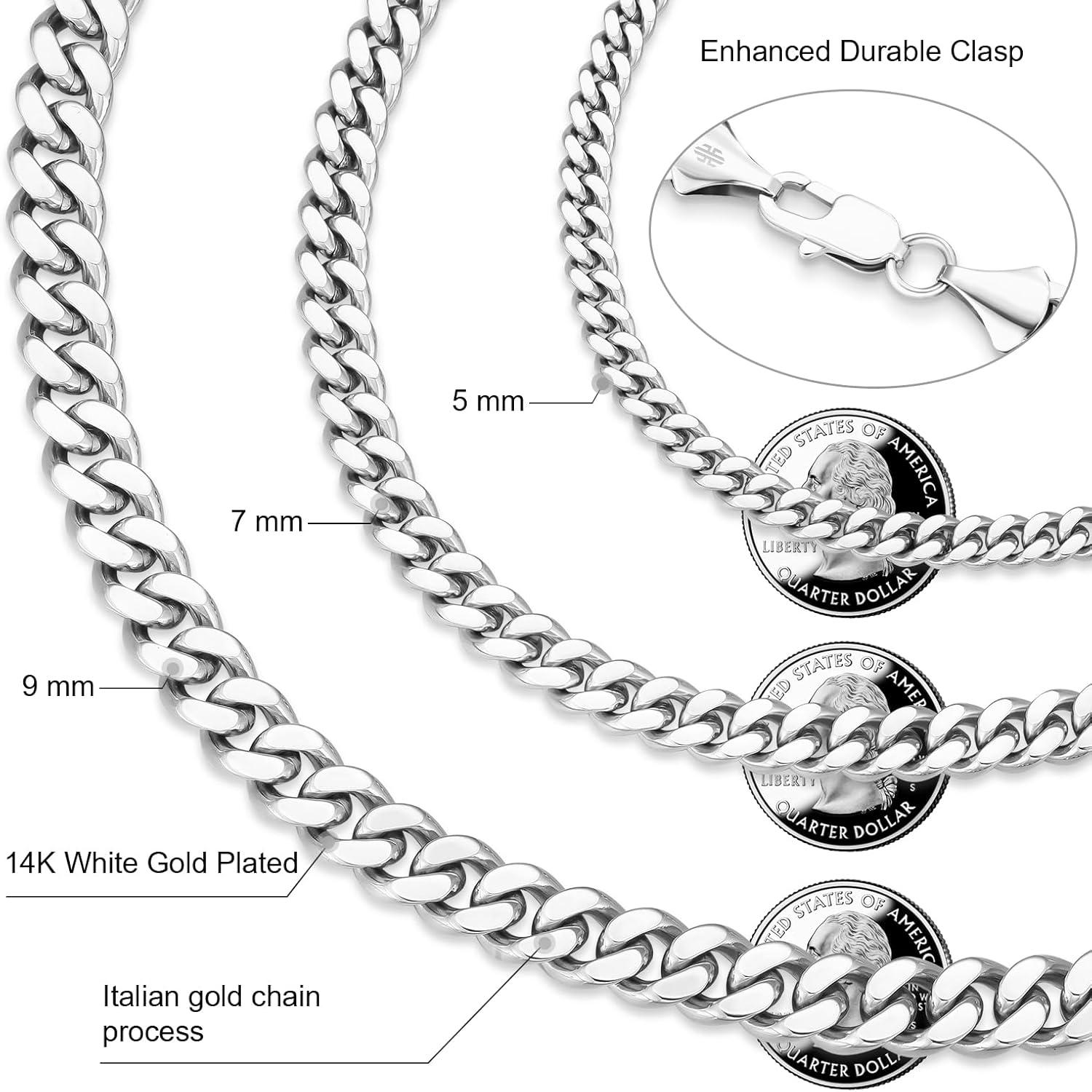 KRKC&CO Herren Edelstahl Panzerkette 7mm Diamantschliff 14K Vergoldet Cuban Chain Gold Silberkette 55.9cm
