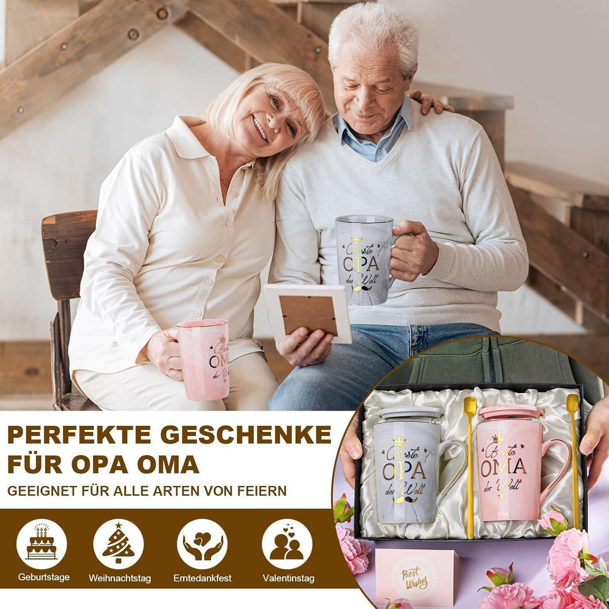 Geschenkset Oma & Opa – Tassen "Beste Oma Opa" mit Löffel & Karte