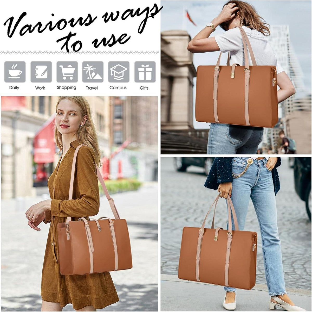 IGOLUMON Damen Handtasche Shopper Wasserdicht 15.6 Zoll Laptop PU Leder Brown
