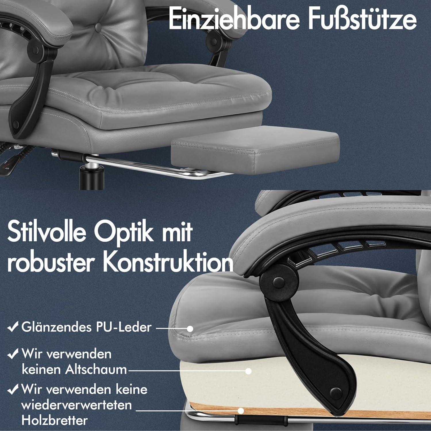 Bürostuhl mit Fußstütze und hoher Rückenlehne, ergonomisch, Neigbarer Liege, PU-Leder, Grau