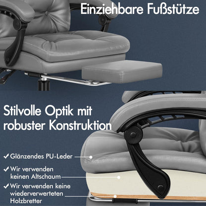 Bürostuhl mit Fußstütze und hoher Rückenlehne, ergonomisch, Neigbarer Liege, PU-Leder, Grau