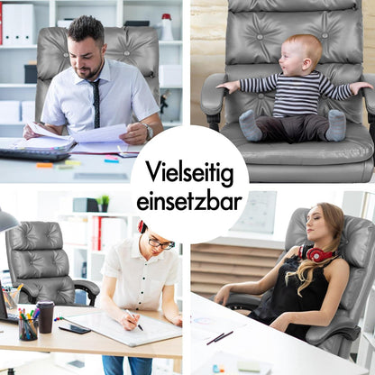 Bürostuhl mit Fußstütze, Hohe Rückenlehne, 150° Neigbar, PU-Leder, Grau