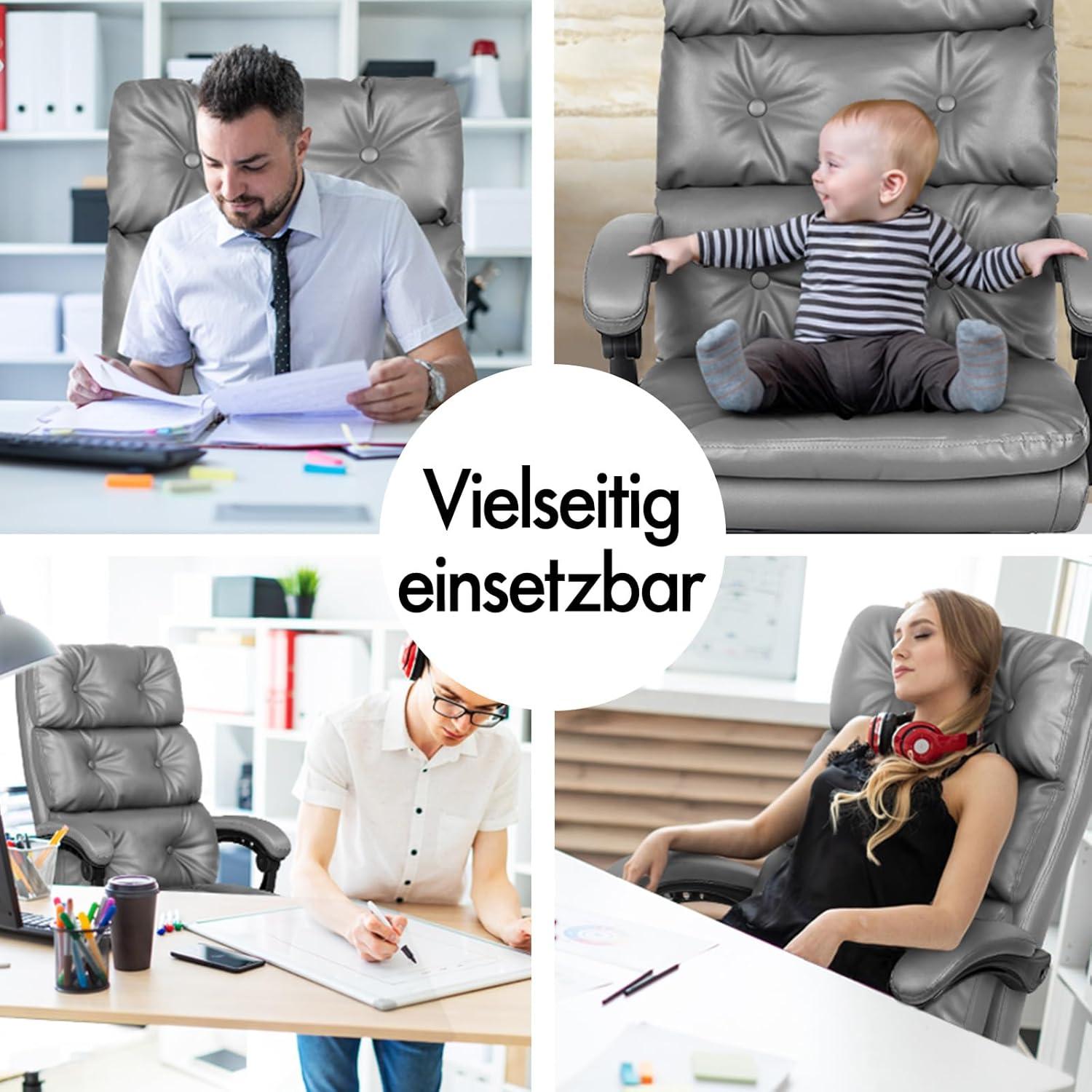 Bürostuhl mit Fußstütze, Hohe Rückenlehne, 150° Neigbar, PU-Leder, Grau