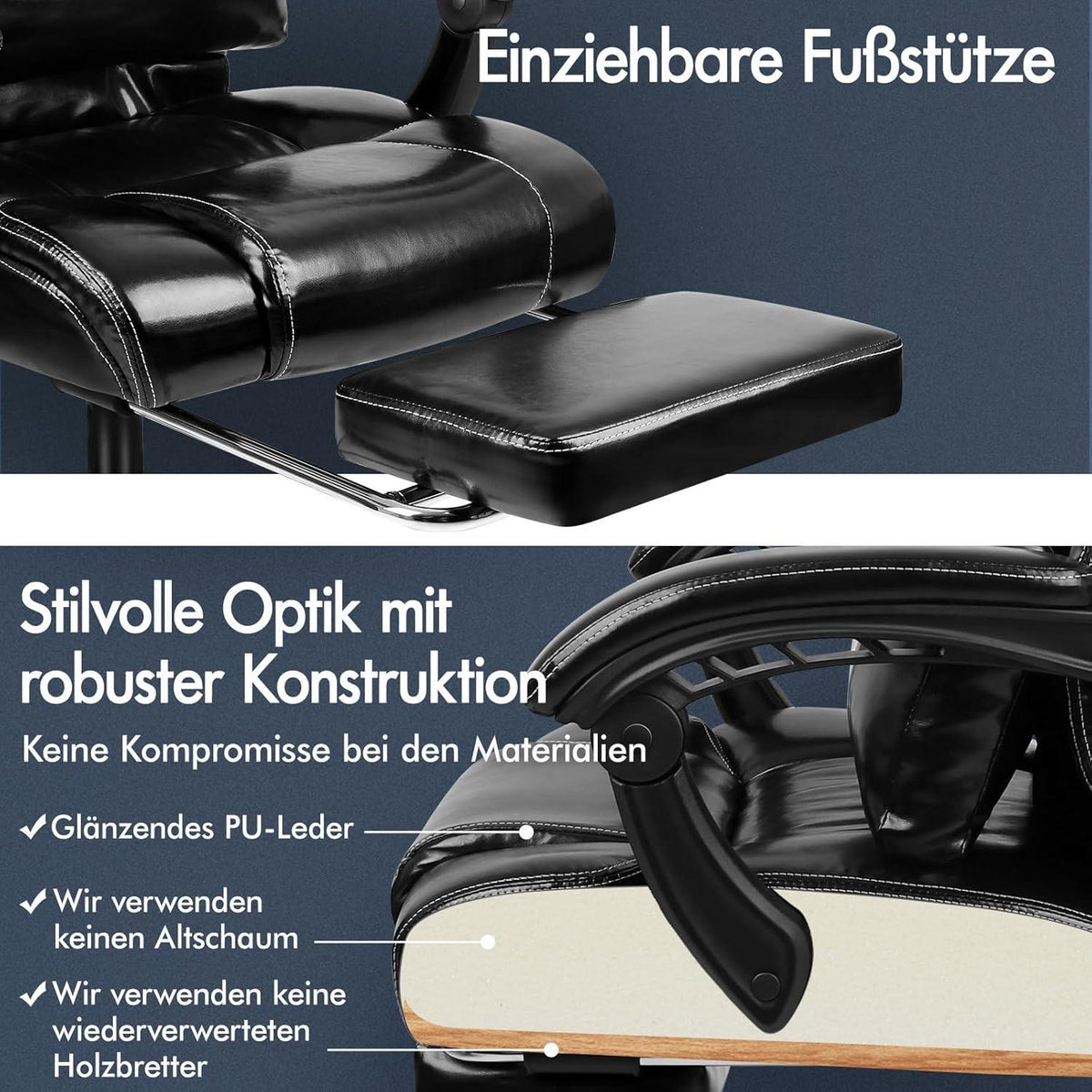 Ergonomischer Bürostuhl mit Fußstütze und hoher Rückenlehne PU-Leder Schwarz