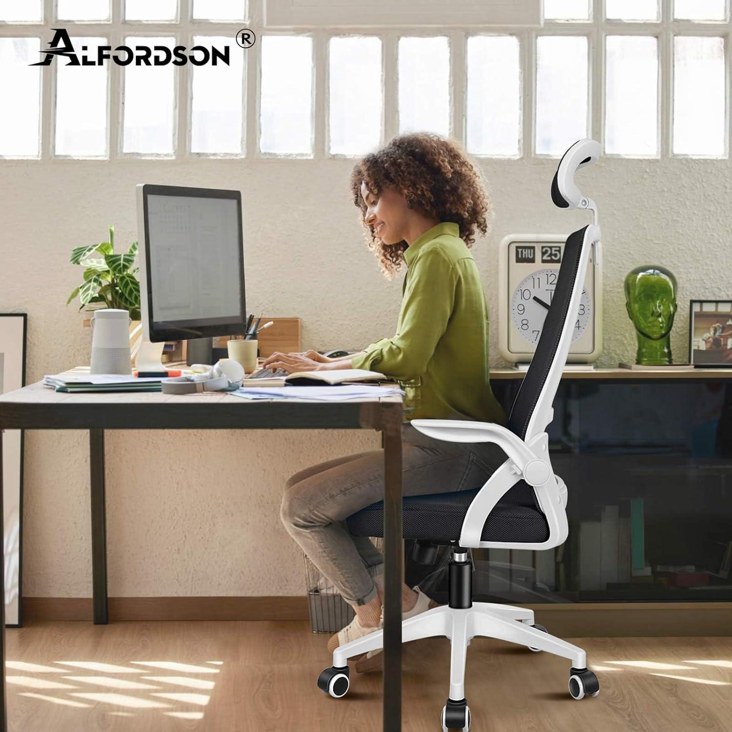 Ergonomischer Bürostuhl mit Lordosenstütze, Kopfstütze, Armlehne - Weiß/Schwarz