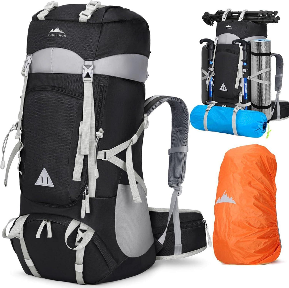Wanderrucksack 60L Wasserdicht Camping Trekking Outdoor Schwarz