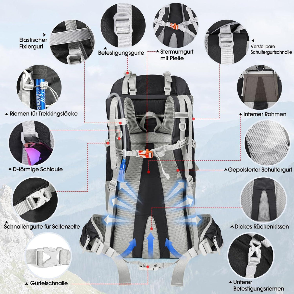 Wanderrucksack 60L Wasserdicht Camping Trekking Outdoor Schwarz