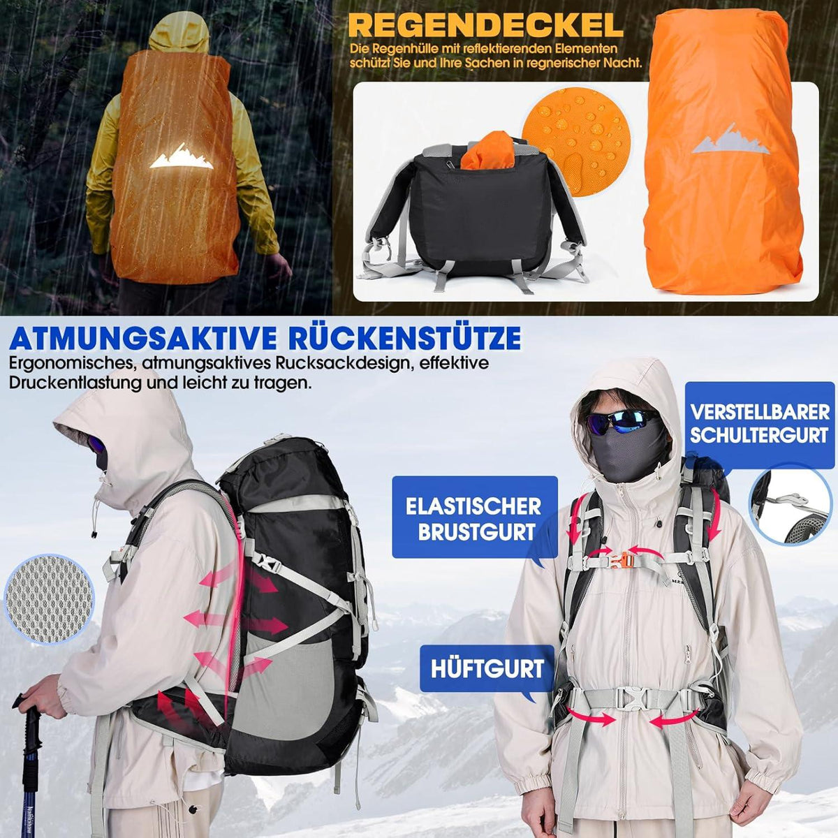 IGOLUMON 60L Wanderrucksack Herren Damen Groß Wasserdicht mit Regenhülle Schwarz
