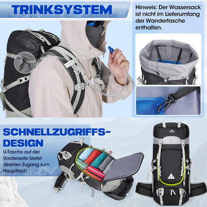 Wasserdichter Wanderrucksack 60L Schwarz Camping Trekking Outdoor