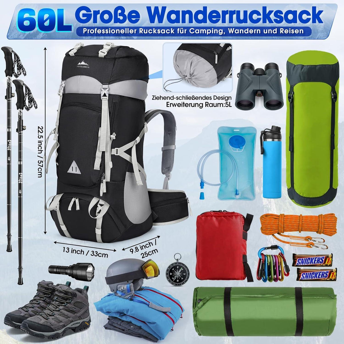Wanderrucksack 60L Herren Damen Trekkingrucksack Wasserdicht Schwarz