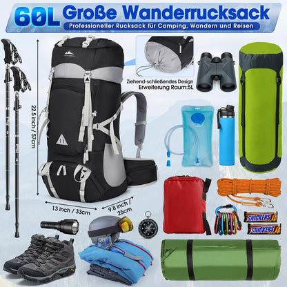 Wanderrucksack 60L Herren Damen Trekkingrucksack Wasserdicht Schwarz