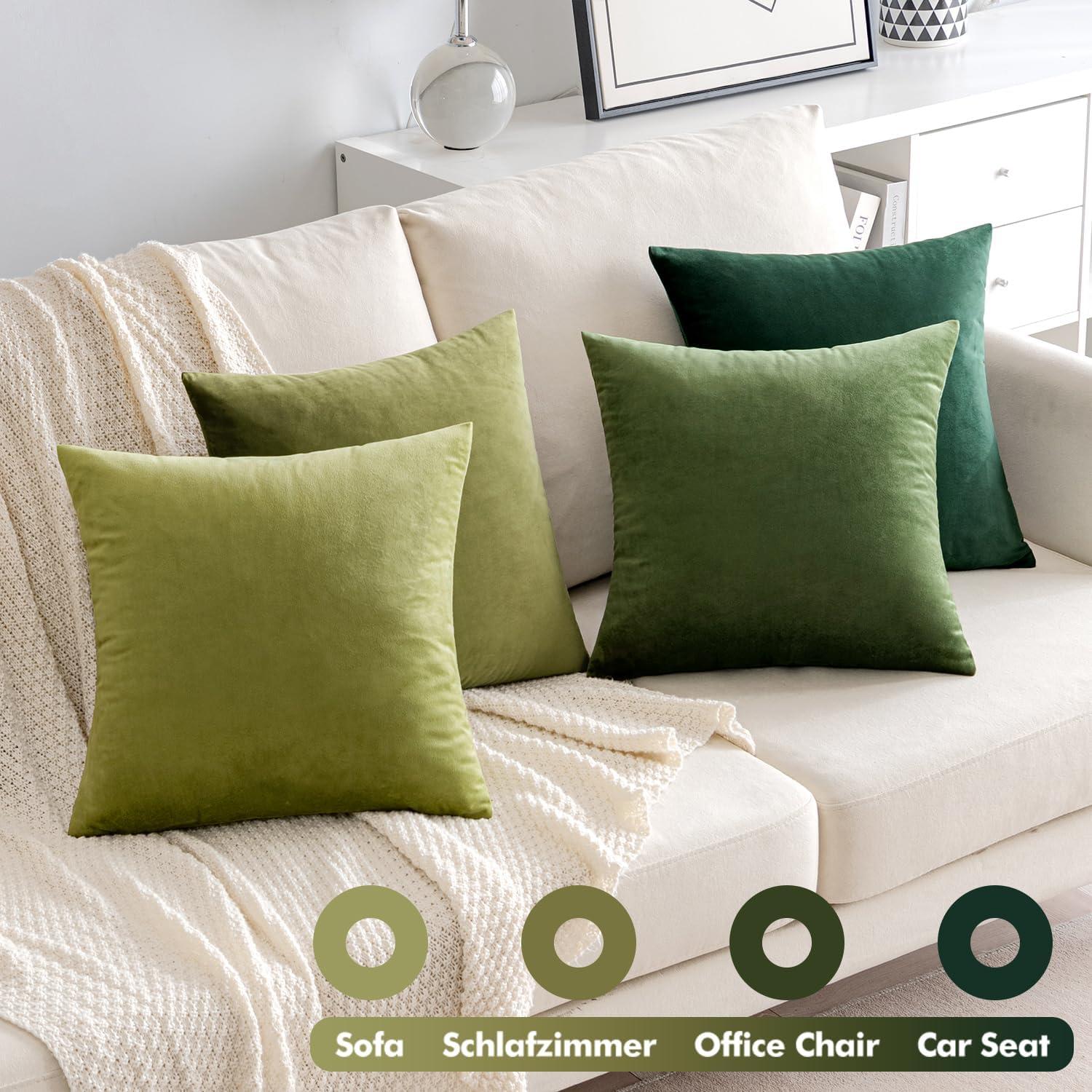 EMEMA Samt Kissenbezüge 4er Set 45x45cm Deko Sofakissen Salbeigrün