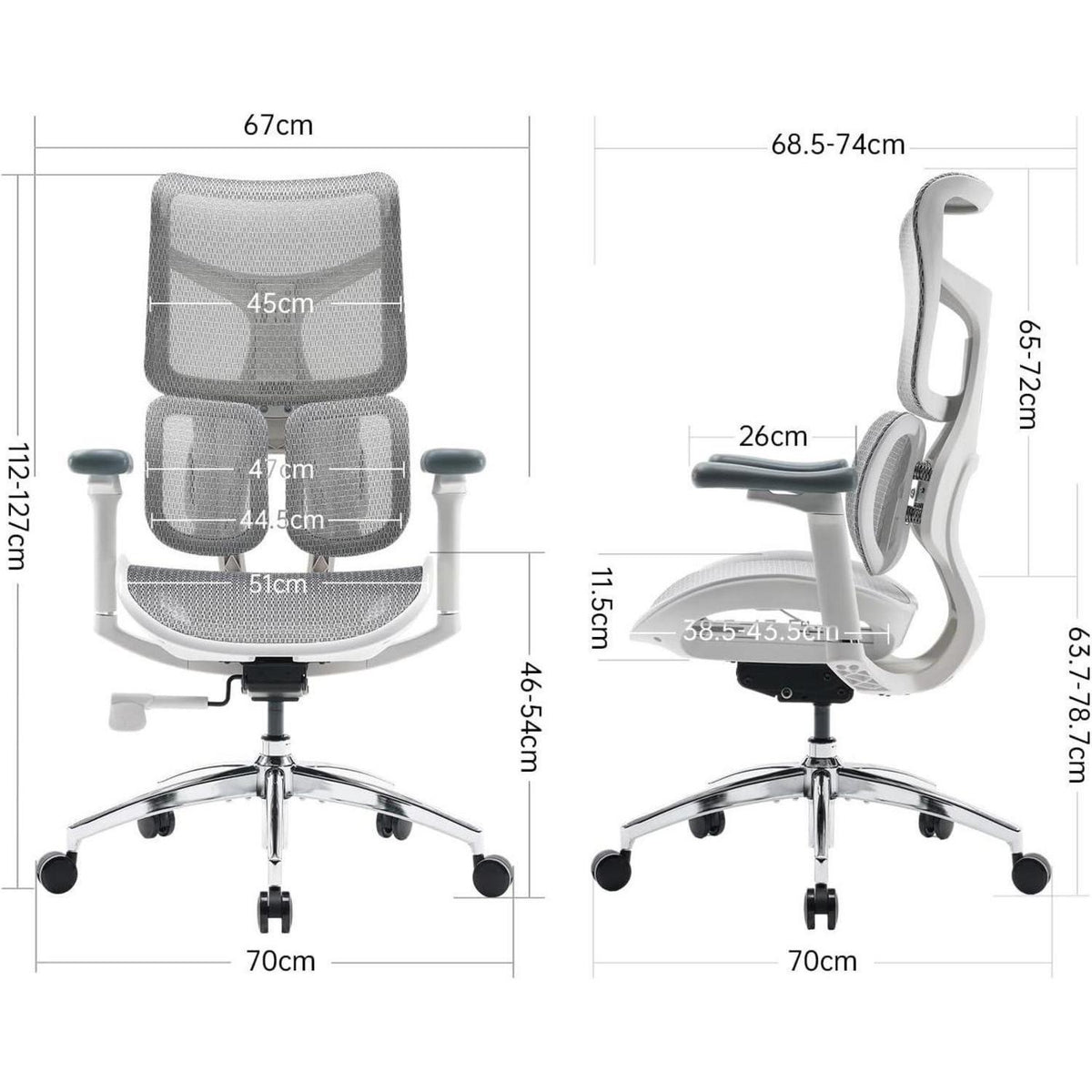 Ergonomischer Bürostuhl mit dualer Lordosenstütze und 4D-Armlehnen (Weiß)