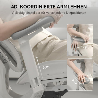 Ergonomischer Bürostuhl mit dualer Lordosenstütze und 4D-Armlehnen (Weiß)