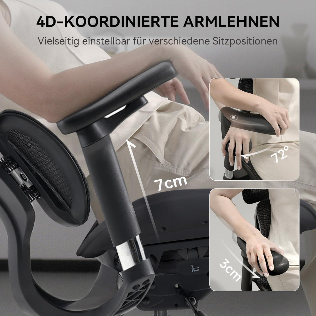 Ergonomischer Bürostuhl mit dualer Lordosenstütze und 4D-Armlehnen