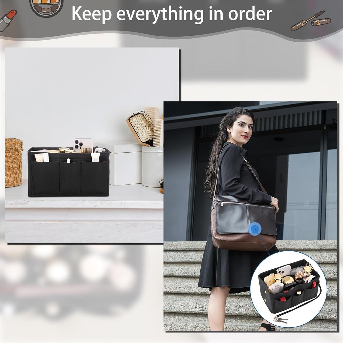 Filz Taschenorganizer M Schwarz mit vielen Fächern