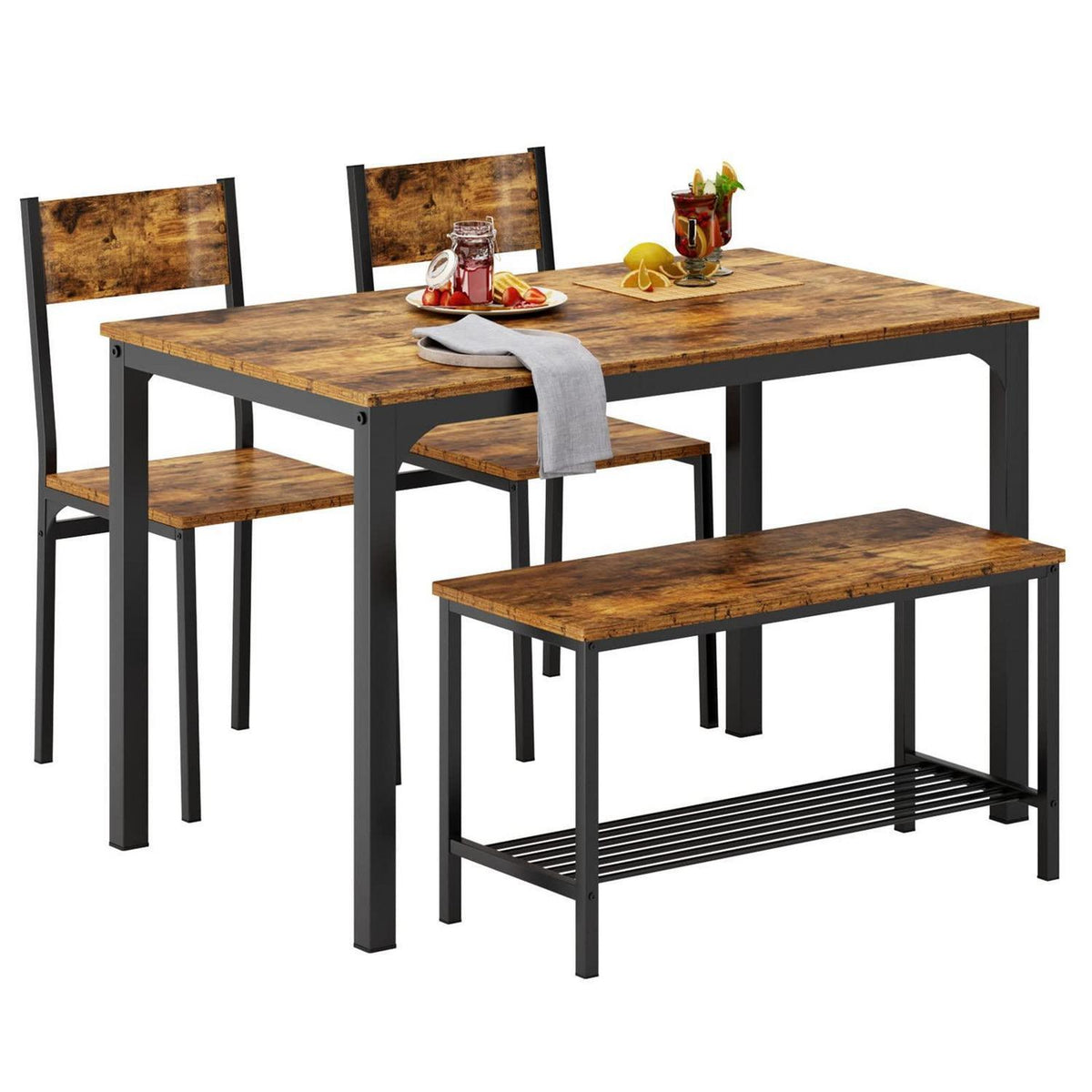 Esstisch-Set für 4 Personen | Vintage Essgruppe mit Tisch, 2 Stühlen & Bank