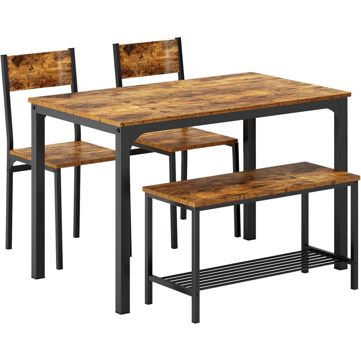 Esstisch-Set für 4 Personen | Vintage Essgruppe mit Tisch, 2 Stühlen & Bank