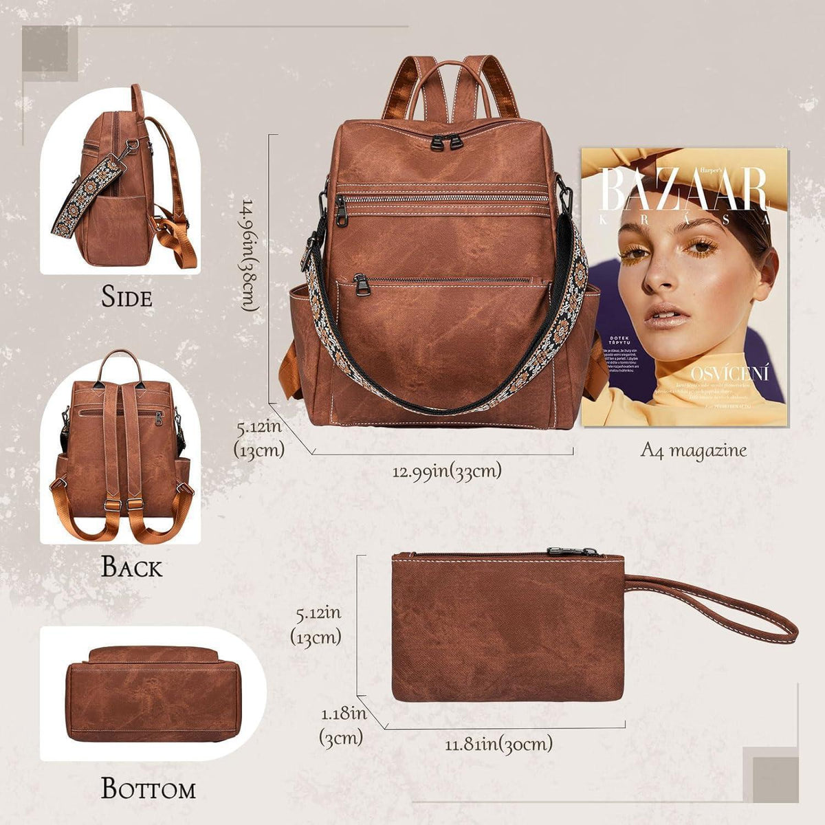 Wandelbarer Damen Rucksack mit Diebstahlschutz, wasserdicht, Braun