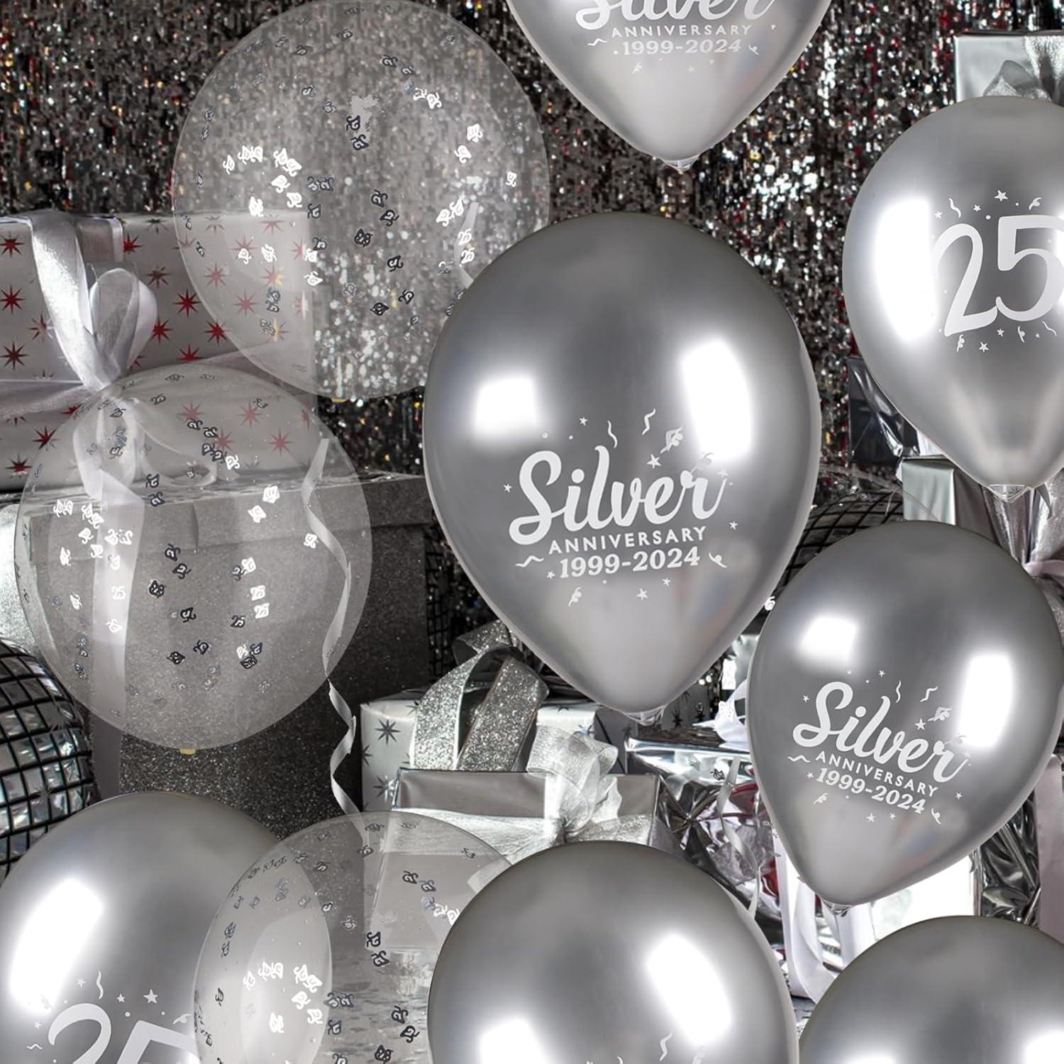 25 Stück Silberhochzeit Luftballons - Metallic & Konfetti Ballons