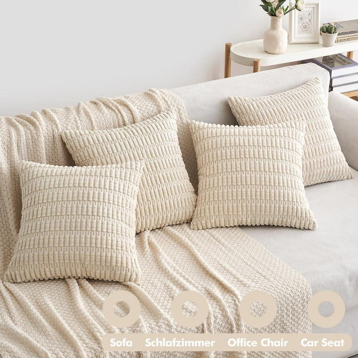 Set aus 4 EMEMA Kordsamt Kissenhüllen 50x50 cm - Dekorative Sofakissen für