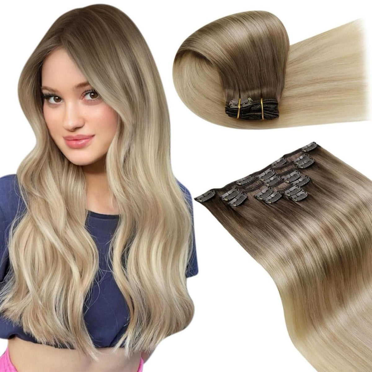 Echthaar Clip-in Extensions Blond Balayage Ombre