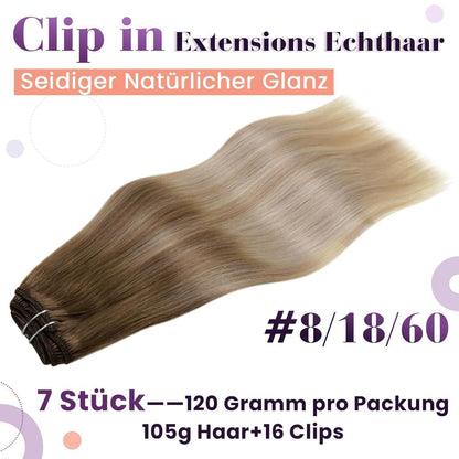 Clip-in Echthaar Extensions Ombre Blond bis Hellbraun 50cm