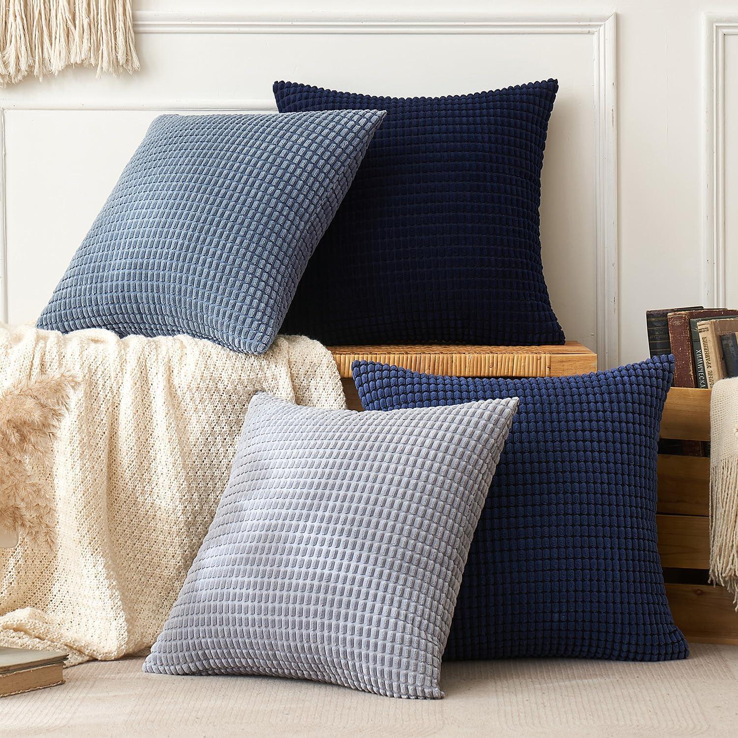 EMEMA Kordsamt Kissenbezug 4er Set 50x50 cm Dunkelblau - Dekokissen Granulat Sofakissen Zierkissen