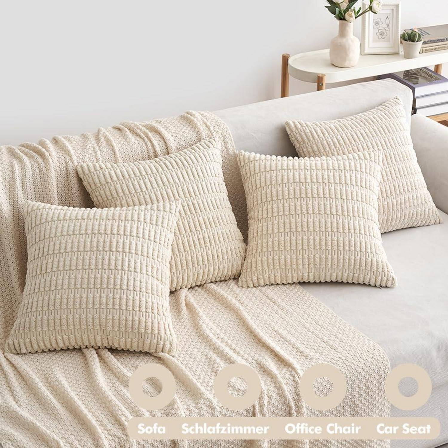 Set mit 4 EMEMA Kordsamt Kissenhüllen 45x45 cm Dekorative Sofakissen Creme