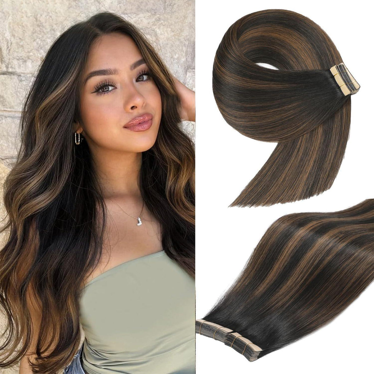 Echthaar Tape Extensions Schwarzbraun 45cm (1B/1B/6#)