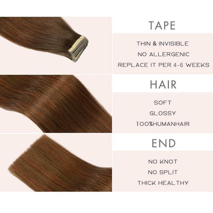 Echthaar Tape Extensions 50cm Schokoladenbraun mit Dunkelrot