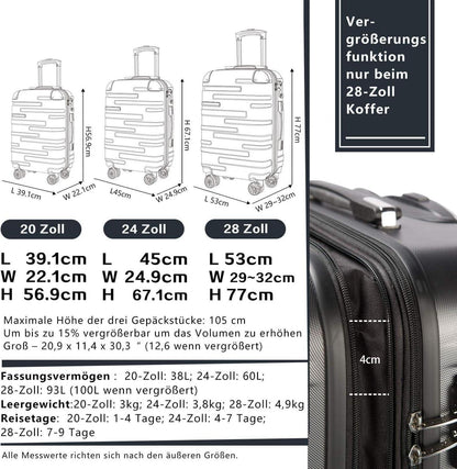COOLIFE Hartschalen-Koffer Set Rollkoffer Reisekoffer TSA 4 Rollen Dunkelgrau