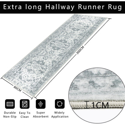 Läufer 80x300cm Grau Waschbar Rutschfest Mikrofaser Orientalisch