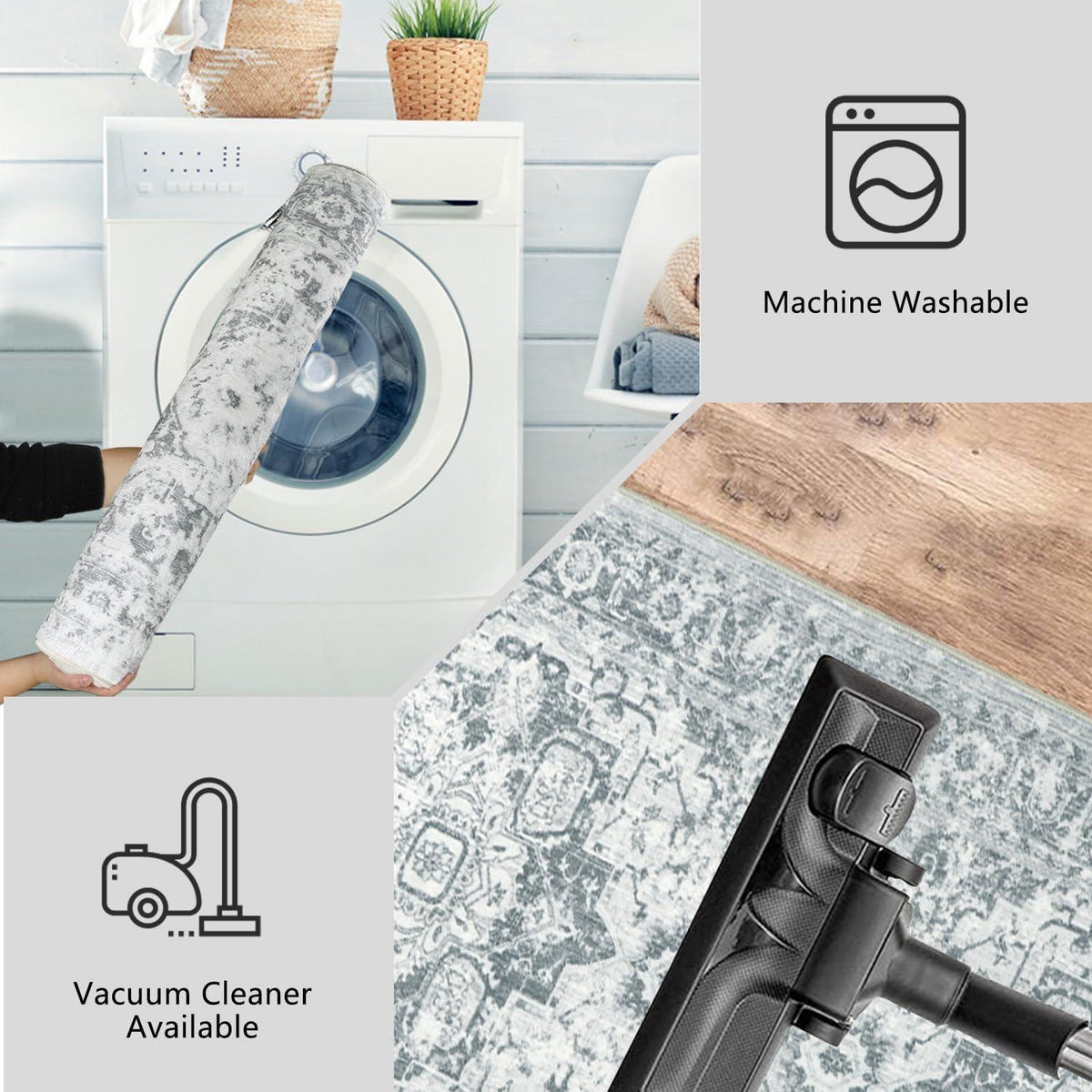 Läufer 80x300cm Grau Waschbar Rutschfest Mikrofaser Orientalisch