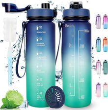 Sport Trinkflasche Auslaufsicher 1 Liter Filter Blau Grün motivierend