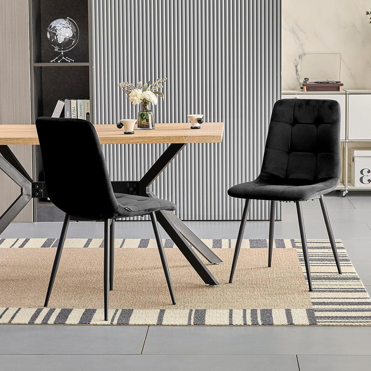 Gepolsterte Esszimmerstühle 2er Set, Schwarz, Samtoptik