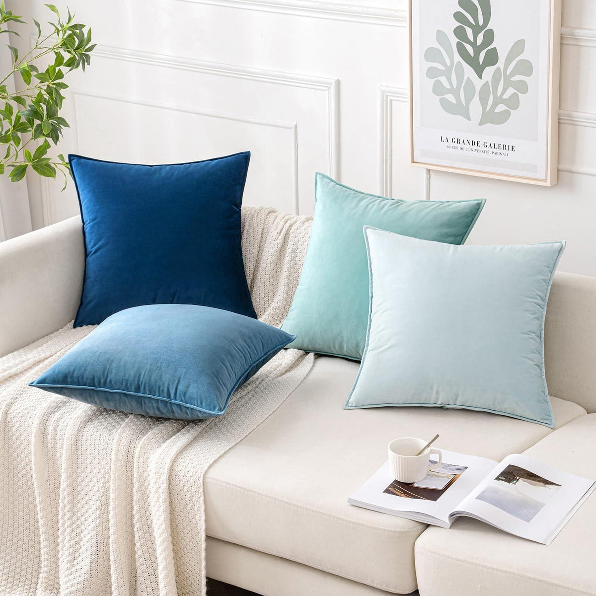 Samt Kissenbezug 50x50 cm - 4er Set Blau für Sofa & Wohnzimmer