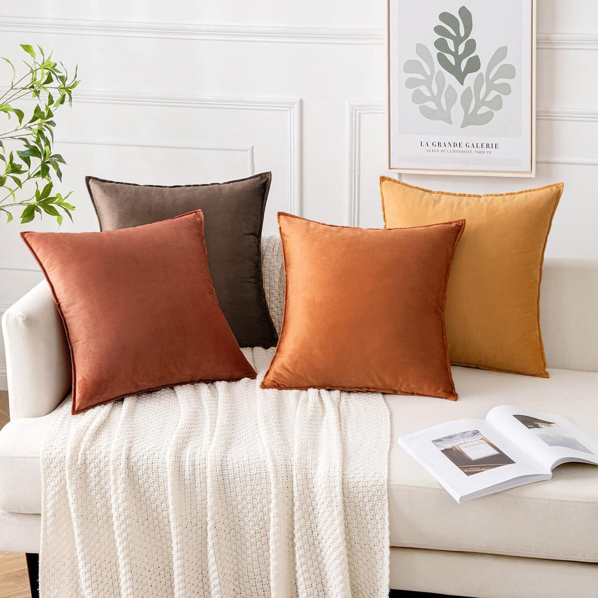 Samt Kissenbezug 4er Set 45x45 cm Khaki - Dekokissen für Sofa & Wohnzimmer