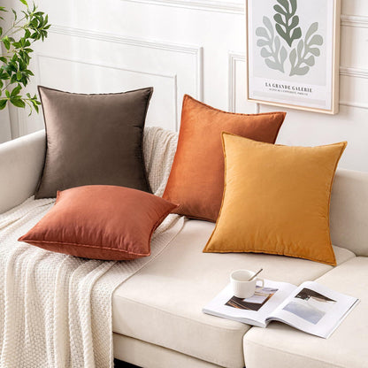 Samt Kissenbezug 4er Set 45x45 cm Khaki - Dekokissen für Sofa & Wohnzimmer