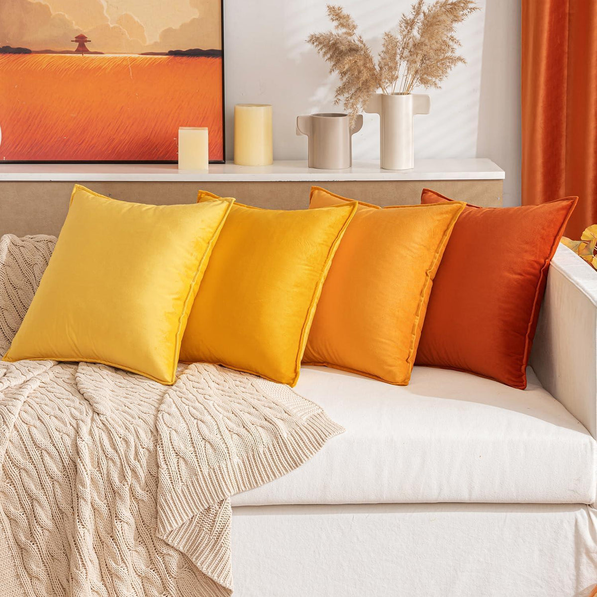 4er Set Samt Kissenbezug 50x50 cm Orange Dekohülle Zierkissen Sofakissen