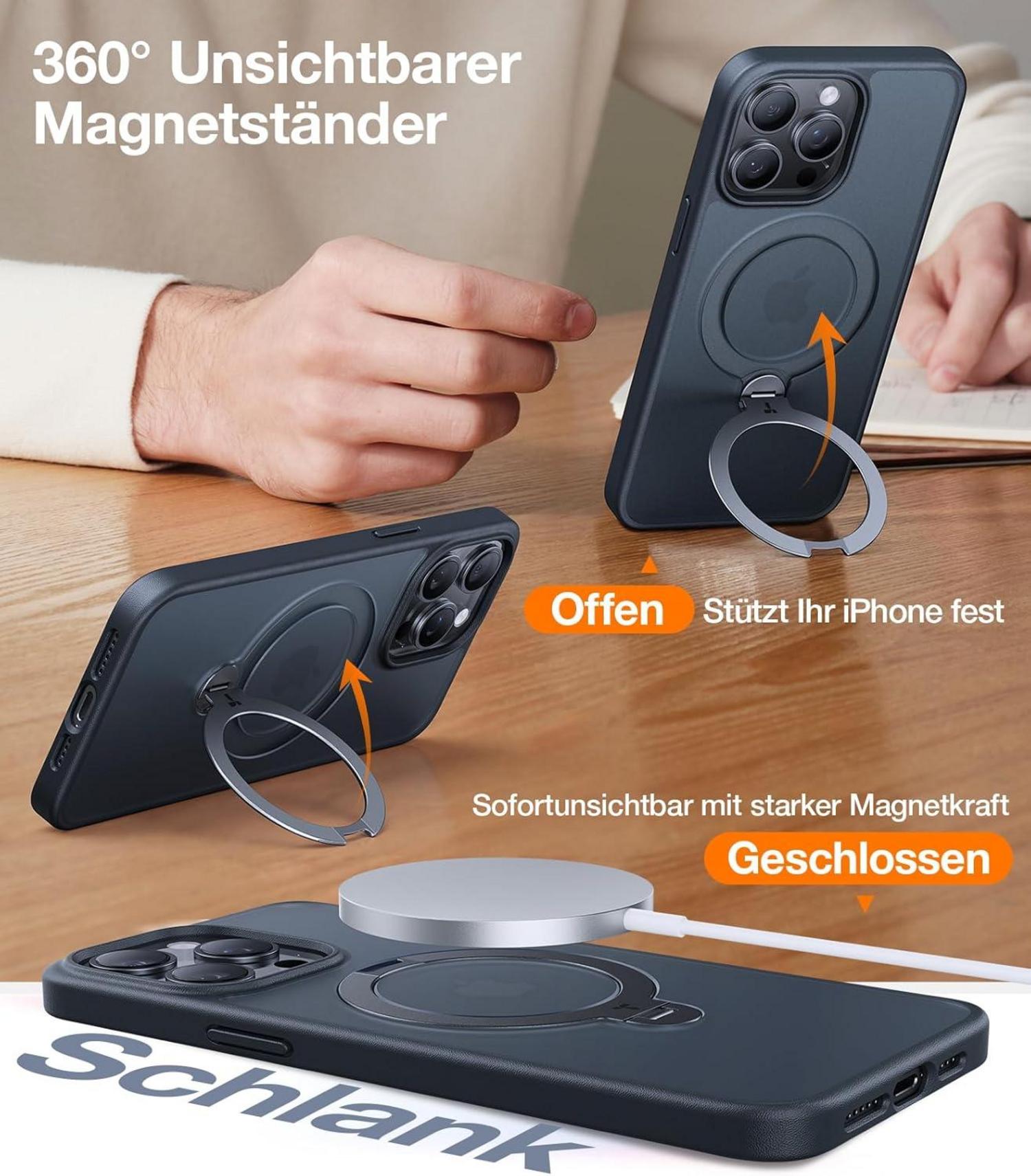 TORRAS 360° Ostand Spin iPhone 15 Pro Hülle Militärschutz Matt Schwarz