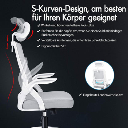 ALFORDSON Büro-Schreibtischstuhl Ergonomisch Computer-Netzstuhl Lordosenstütze Weiß_GRAU