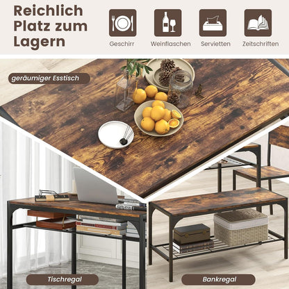 Esstisch Set 4-teilig mit Bank & Stühlen – Rustikales Braun