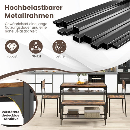 Esstisch Set 4-teilig mit Bank & Stühlen – Rustikales Braun