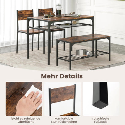 Esstisch Set 4-teilig mit Bank & Stühlen – Rustikales Braun