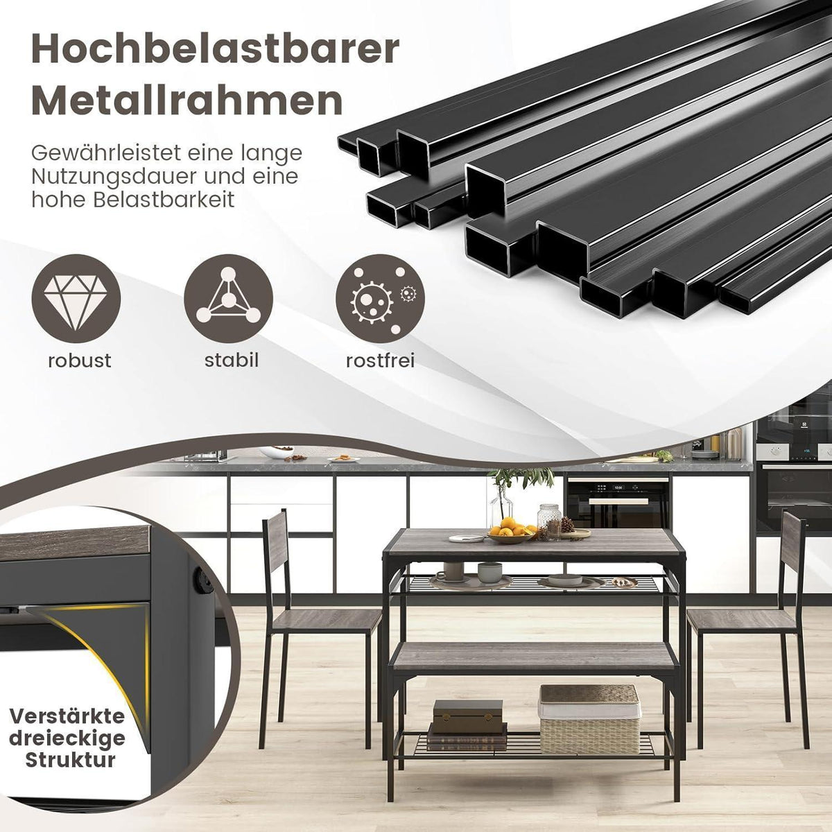 Esstisch Set 4-teilig mit Bank & Stühlen – Grau