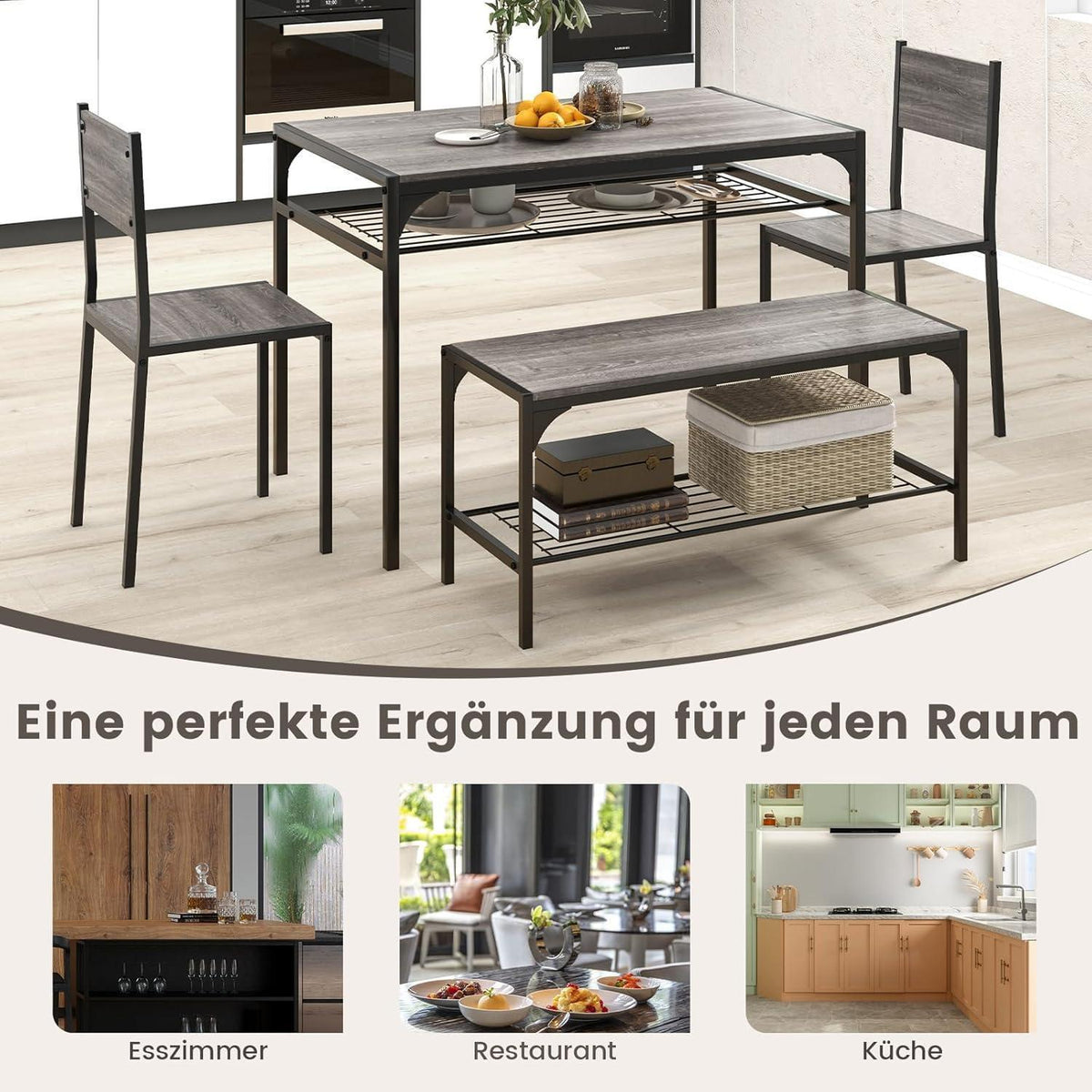 Esstisch Set 4-teilig mit Bank & Stühlen – Grau