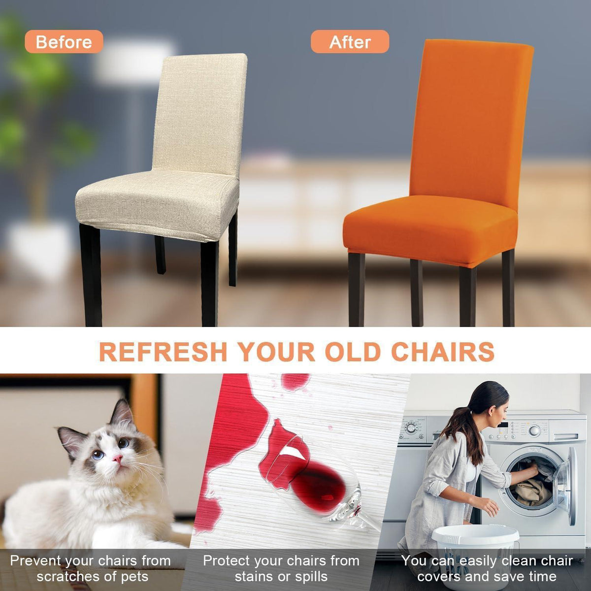 Stuhlhussen 4er Set Stretch – Orange, Waschbar & Abnehmbar
