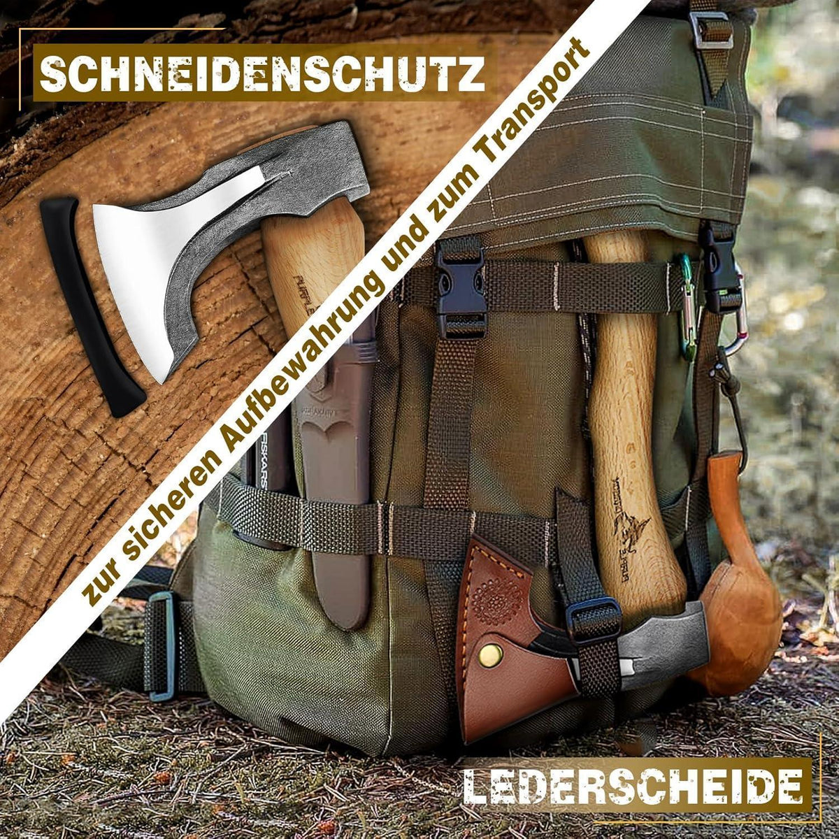 Handgeschmiedete Spaltaxt mit Kuhfuß und Lederscheide