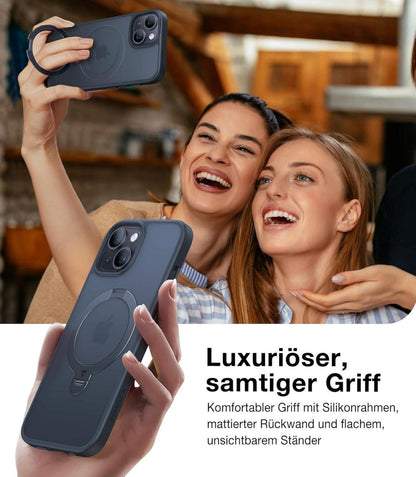 360° Ostand Spin iPhone 15 Hülle Schwarz Militärschutz Matt Samtweiche